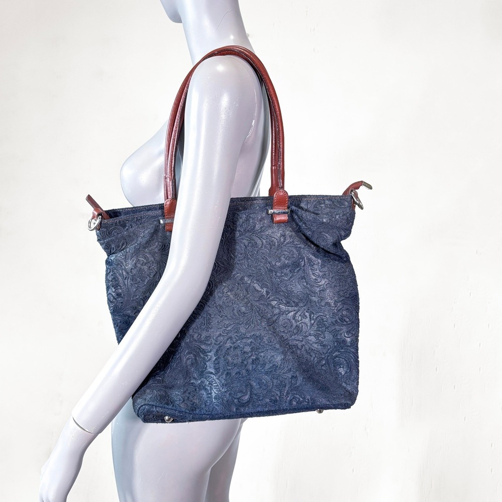 Borse in Pelle Navy Floral Embossed Suede Leather Tote Bag Made in Italy - Picture 2 of 12